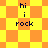 Pixelated yellow and orange checkered background with 'hi i rock' text in dark blue, transitioning to a diamond-patterned layout.