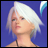 Pixelated character with white hair against blue background, next to black with stylized text and a small wing-like shape