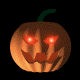 Five pixelated pumpkin icons with glowing red eyes and carved grins, arranged in two against a black background