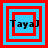 Four square display a blue and red layered square design with the text "TayaJ" in black, each showing a different arrangement of the squares