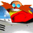 Pixelated character with orange hair and blue eyes wears red cape over yellow outfit, seated in vehicle against blue sky background.
