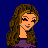 Pixel art contact sheet showing a female character with long brown hair and red eyes in multiple poses against a dark blue background, including close-up headshot, full-body view, and partial body views, with text elements reading "WHAT ARE YOU LOOKING AT?" and "Made of DollsNow.com" on purple and blue backgrounds.