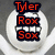 A white circular face with closed eyes and a wide toothy grin appears in two , one with red text overlay and one without