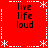 Red background with white dashed border and snowflake corners, four identical text blocks reading 'live life loud' in black pixelated font.