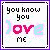 Four square display identical text with varying color schemes for the word 'love' in a pixelated style