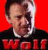 Pixelated image of a person with short dark hair against red background, wearing black shirt with large red text.