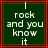 Green background with red lines and white pixelated text reading "rock and you know it" in four centered lines