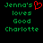 Green pixelated text reads "Jenna's loves Good Charlotte" with a red heart symbol replacing the apostrophe in "Jenna's" on a black background.