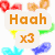 Pixelated icon with orange text 'Haah x3' in a speech bubble, surrounded by colorful abstract shapes on white background.