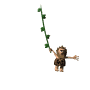 A small animated character with brown fur and a leafy tail hangs from a green vine, shifting poses across frames.