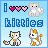 Pixel art image with blue background showing 'i' followed by three pink hearts, a gray cat, and the word 'kitties', with two smaller cats below.