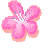 Six pixelated pink flowers with white centers and light orange outlines arranged in two on a gray background