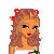 Pixel art of a female character with long brown hair, red bows in her hair, and white bikini-style clothing with cherry accents.