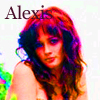 A static image of a person with long wavy hair, wearing a sleeveless top, with the text 'Alexis' in dark serif font above the head.