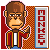 Pixel art monkey character in red and gold jacket with white shirt, standing beside vertical sign reading MONKEY.