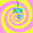Four identical spiral patterns with alternating pink and yellow rings, each containing a cyan text element reading "I LOVE U" in pixelated font.