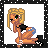 Pixel art of a blonde woman in a black top and blue shorts, kneeling with one hand on her hip and the other on the ground, wearing white socks and black shoes.