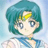 Pixelated anime-style character with teal hair, yellow crescent moon headpiece, blue eyes, and blue-and-white outfit against light blue background.