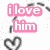 Animated icon with three text blocks in pink, purple, and blue displaying 'ilove him', 'secrely', and 'SHH!' over black heart outlines on white background.