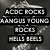 Black-and-white image of a musician playing guitar with hands raised above head, text overlay reads ACDC ROCKS ANGUS YOUNG ROCKS HELLS BELLS