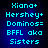 Pixelated cyan text on dark blue background reads Xiana+, Hershey+, Dominos=, BFFL aka, Sisters in two identical vertical