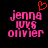 Pixelated pink text reading 'jenna loves olivier' on black background with red heart symbol above 'jenna' in first frame, no heart in second frame.