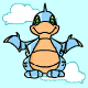 Blue cartoon dragon with green eyes and orange belly stands on clouds, arms raised in two sequential poses against light blue background.