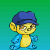 A 2x2 contact sheet of four pixel art frames showing a yellow cartoon character with blue limbs and ears, wearing different accessories against colored backgrounds.
