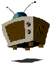Pixelated retro TV with antennae, brown screen showing white static lines and 'X' symbols on a white background.