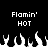 Pixelated black-and-white animation showing white flame shapes rising beneath repeated text 'Flamin' HOT' on a solid black background.