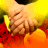 A pixelated image shows a person in a red outfit with hands clasped near the chest against a bright yellow background.
