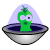 Pixelated green alien with large eyes and a small mouth sits inside a silver bowl under a translucent purple dome.