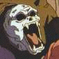 Animated sequence showing a skeletal face with open mouth and tongue, transitioning to a human-like figure holding an object near its mouth.
