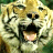 A pixelated static image shows a tiger's face with dark stripes on light fur, black eyes and nose, and an open mouth revealing pink interior.