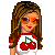 Pixel art buddy icon featuring a cartoon woman with long brown hair wearing orange sunglasses and a white shirt with red cherry graphic, next to pixelated text "cherry" above two cherries and "Luscious" below on white background.