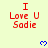 Red text "I Love U Sadie" on light yellow background with blue pixel hearts, some frames show gray rectangle covering bottom-right corner.