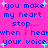 Pixelated blue text on bright pink background with light blue starbursts, repeating 'you make my heart stop... when i hear your voice' in two