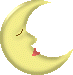 Two pixelated crescent moon faces with closed eyes and red lips, one light yellow, one orange, side-by-side on gray background.