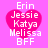A static image with a bright pink background featuring four identical heart-shaped icons, each containing white text listing names and 'BFF' below.