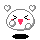 Pixelated white circular character with gray outline, pink blush marks, and four heart shapes floating above; two expressions show open mouth or closed smile.