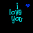 Pixelated cyan text "I love you" on black background with four distinct blue pixel symbols above the text in different positions.