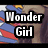 Two side-by-side show a person with long dark hair wearing a blue, red, and white striped top with yellow stars; text reads "Wonder Girl" in bold black-and-white lettering