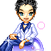 Animated avatar of a person with short dark hair wearing a white jacket and blue pants, seated on a purple object with pink bubbles floating around.