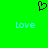 Green background with black pixelated heart symbol above two light blue 'Love' texts.