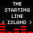 Pixelated text and red bar graphs on black background with repeated 'THE STARTING LINE' and '< ISLAND >' phrases.