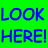 A 48x48 pixel buddy icon split into two vertical sections: a bright green background with blue text on the left and a grayscale cartoon face on the right.