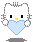 Pixelated white cat face with black eyes and yellow nose holding light blue heart, two versions show head movement above gray background.