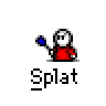 Animated contact sheet of a pixel art character in red shirt holding blue object with green splat effects across 11 frames showing motion progression from raised to falling position and impact explosion.
