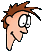 Pixelated cartoon head with brown spiky hair, peach skin tone, and three distinct facial expressions against a solid gray background.
