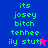 Pixelated text in green on blue and purple backgrounds with two distinct star-shaped icons, one pink and one dark blue.